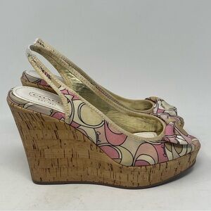 Coach Pink and Tan Wedges with Cork Heel and Strappy Design